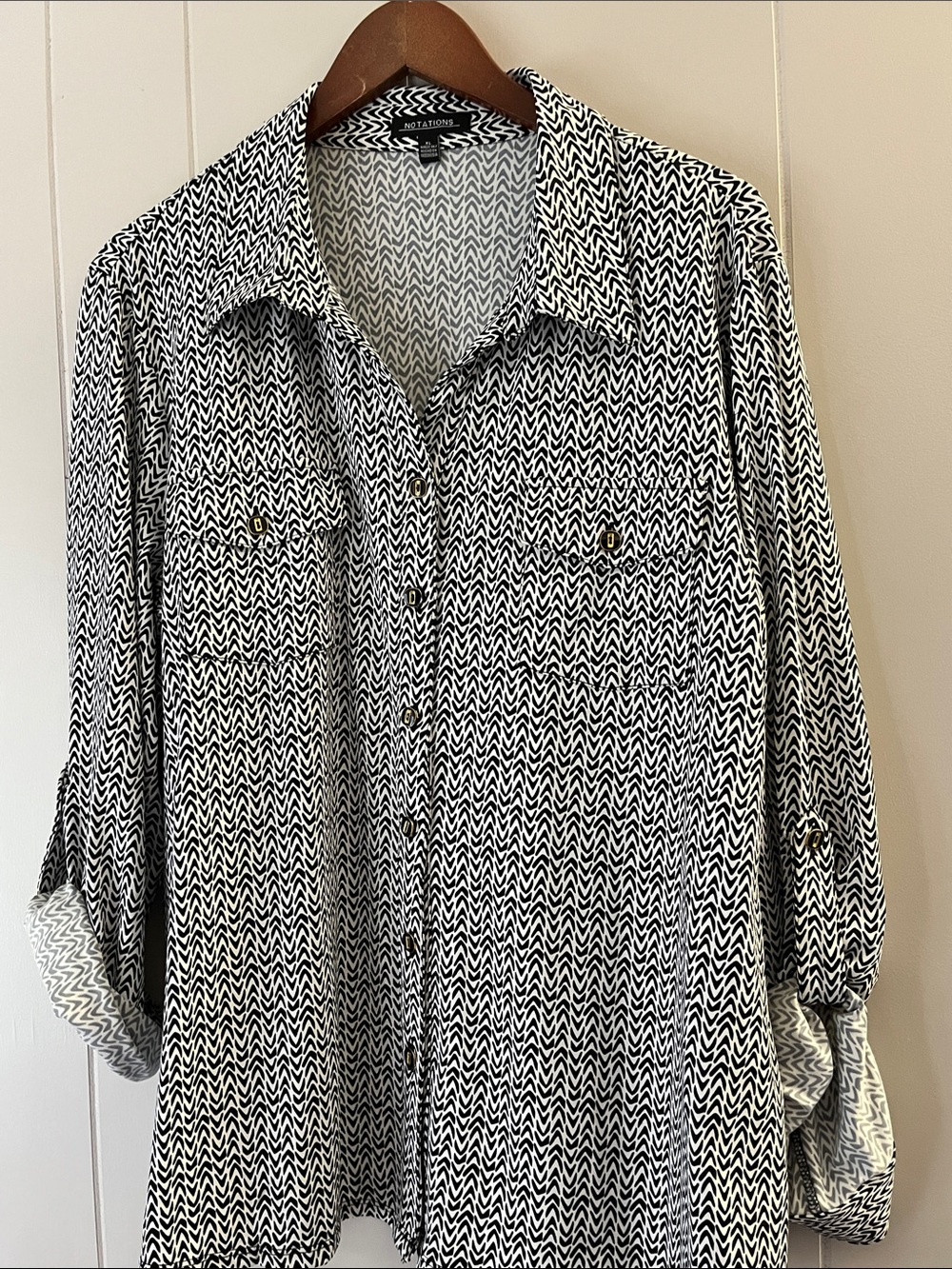 Notations Black and White Chevron Button-Front Blouse